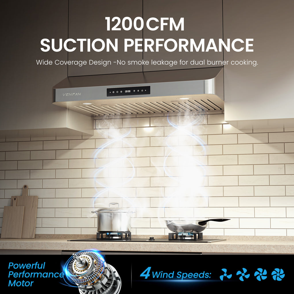 Under Cabinet Range Hood 30 Inch - 1200 CFM Ultra Powerful Suction, Gesture Sensing & 4-Speed Touch Control, Dishwasher Safe Filters, Stainless Steel Kitchen Hood