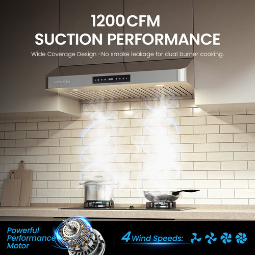 Under Cabinet Range Hood 30 Inch - 1200 CFM Ultra Powerful Suction, Gesture Sensing & 4-Speed Touch Control, Dishwasher Safe Filters, Stainless Steel Kitchen Hood