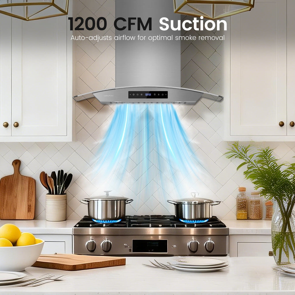 Wall Mount Range Hood 30 inch, 1200 CFM High Suction Kitchen Vent Hood, Energy Saving DC Motor, 8-Speed Fan, Ducted/Ductless Convertible, Memory Function & Delay Shutoff, Tempered Glass