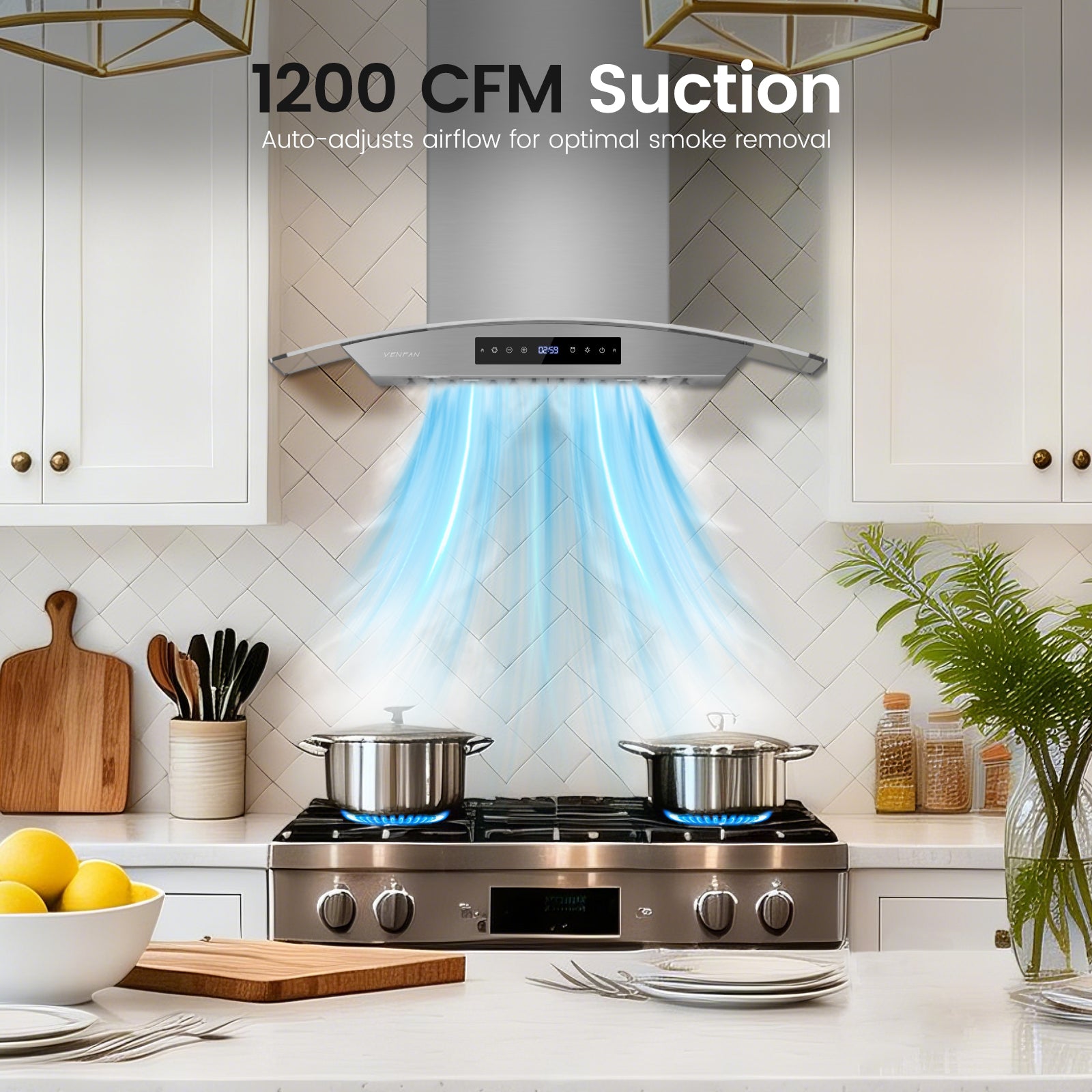 Wall Mount Range Hood 30 inch, 1200 CFM High Suction Kitchen Vent Hood, Energy Saving DC Motor, 8-Speed Fan, Ducted/Ductless Convertible, Memory Function & Delay Shutoff, Tempered Glass