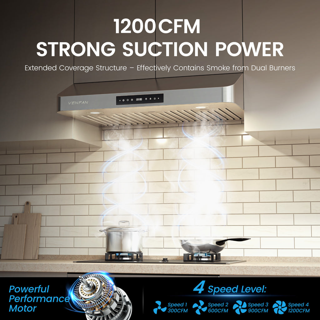 Under Cabinet Range Hood 36 Inch, 1200 CFM Ultra Powerful Suction Kitchen Hood with Gesture Sensing & 4-Speed Touch Control, Dishwasher Safe Filters, Auto Delay Off, Stainless Steel