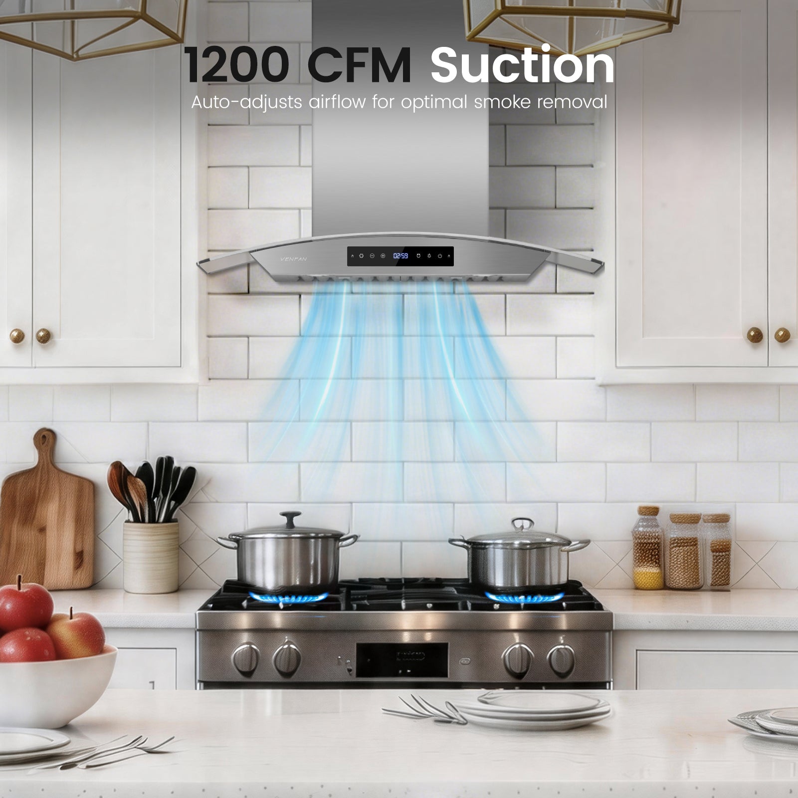 Wall Mount Range Hood 36 Inch, 1200 CFM Quiet DC Motor with 8-Speed, Stainless Steel Glass Vent Hood with Gesture & Touch Control, Adjustable Lighting & Memory Function