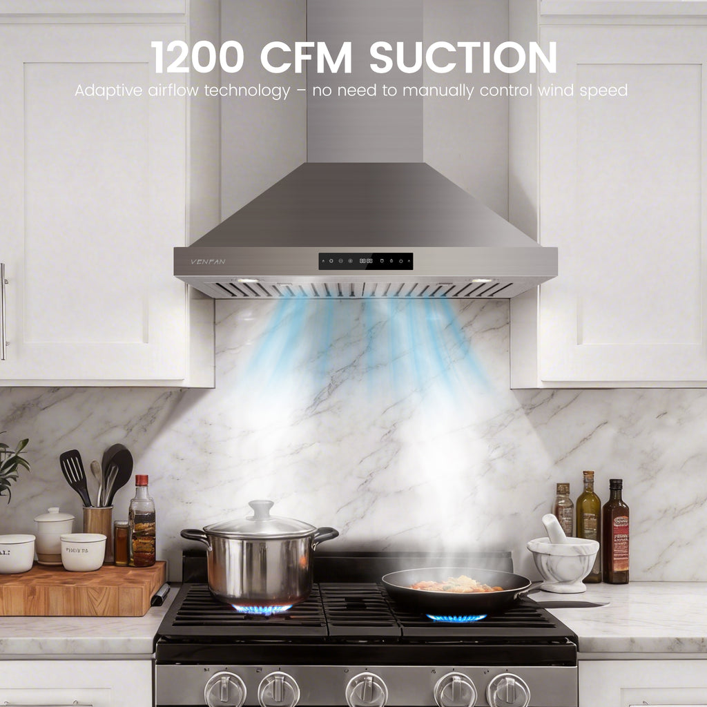1200 CFM Wall Mount 30 Inch Range Hood – Stainless Steel Kitchen Vent Hood with Gesture Control, 8-Speed Fan, Delay Shut-Off Timer, Ducted/Ductless Convertible, Charcoal Filter Included