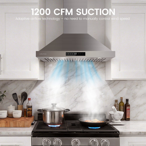 1200 CFM Wall Mount 30 Inch Range Hood – Stainless Steel Kitchen Vent Hood with Gesture Control, 8-Speed Fan, Delay Shut-Off Timer, Ducted/Ductless Convertible, Charcoal Filter Included