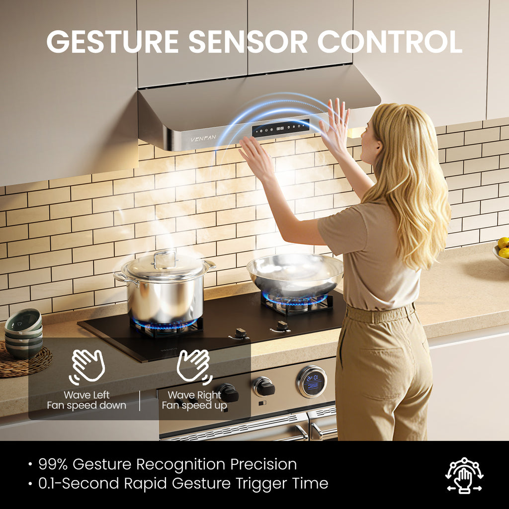Under Cabinet Range Hood 30 Inch - 1200 CFM Ultra Powerful Suction, Gesture Sensing & 4-Speed Touch Control, Dishwasher Safe Filters, Stainless Steel Kitchen Hood