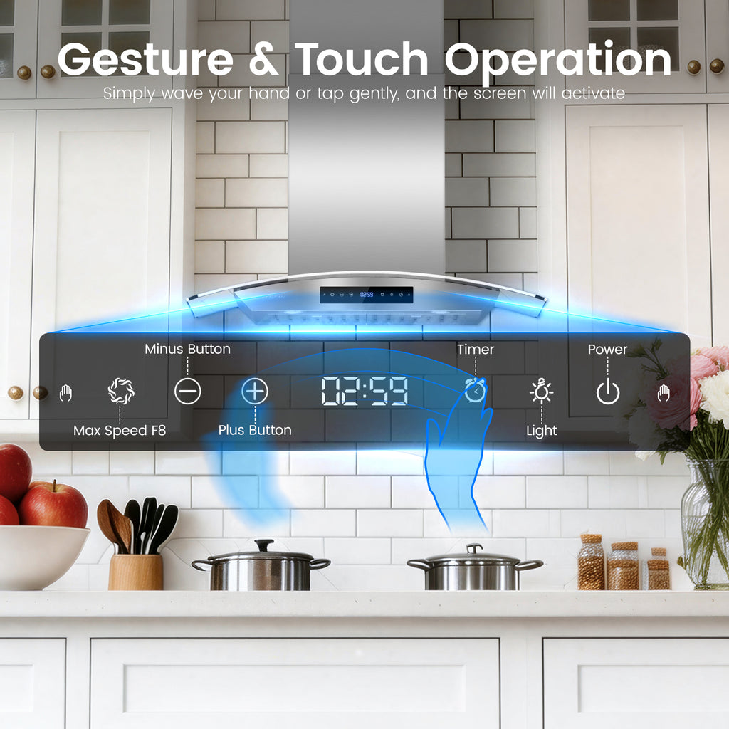 Wall Mount Range Hood 36 Inch, 1200 CFM Quiet DC Motor with 8-Speed, Stainless Steel Glass Vent Hood with Gesture & Touch Control, Adjustable Lighting & Memory Function