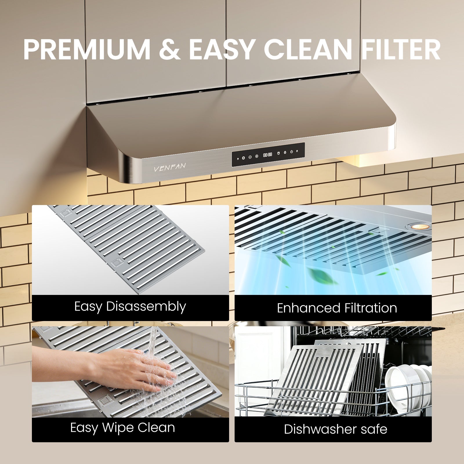 Under Cabinet Range Hood 30 Inch - 1200 CFM Ultra Powerful Suction, Gesture Sensing & 4-Speed Touch Control, Dishwasher Safe Filters, Stainless Steel Kitchen Hood