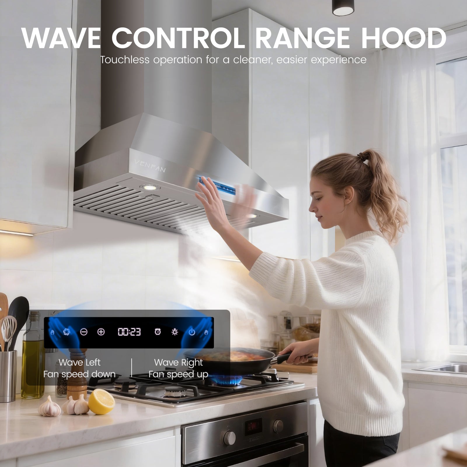 1200 CFM Wall Mount 30 Inch Range Hood – Stainless Steel Kitchen Vent Hood with Gesture Control, 8-Speed Fan, Delay Shut-Off Timer, Ducted/Ductless Convertible, Charcoal Filter Included
