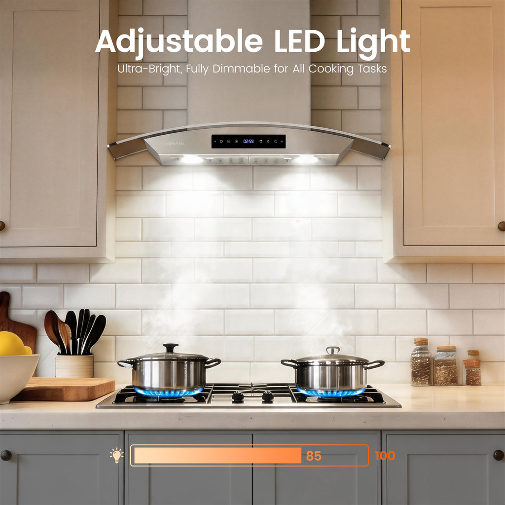 Wall Mount Range Hood 36 Inch, 1200 CFM Quiet DC Motor with 8-Speed, Stainless Steel Glass Vent Hood with Gesture & Touch Control, Adjustable Lighting & Memory Function