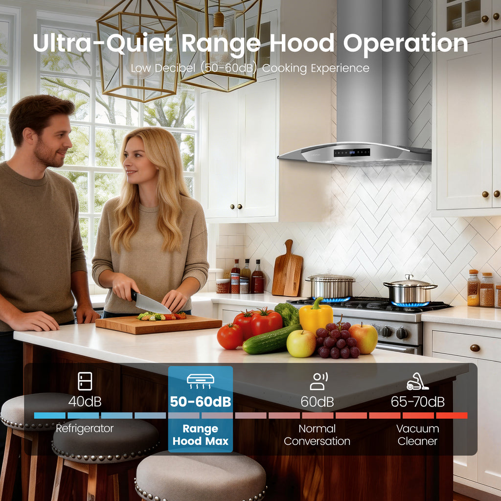 Wall Mount Range Hood 30 inch, 1200 CFM High Suction Kitchen Vent Hood, Energy Saving DC Motor, 8-Speed Fan, Ducted/Ductless Convertible, Memory Function & Delay Shutoff, Tempered Glass