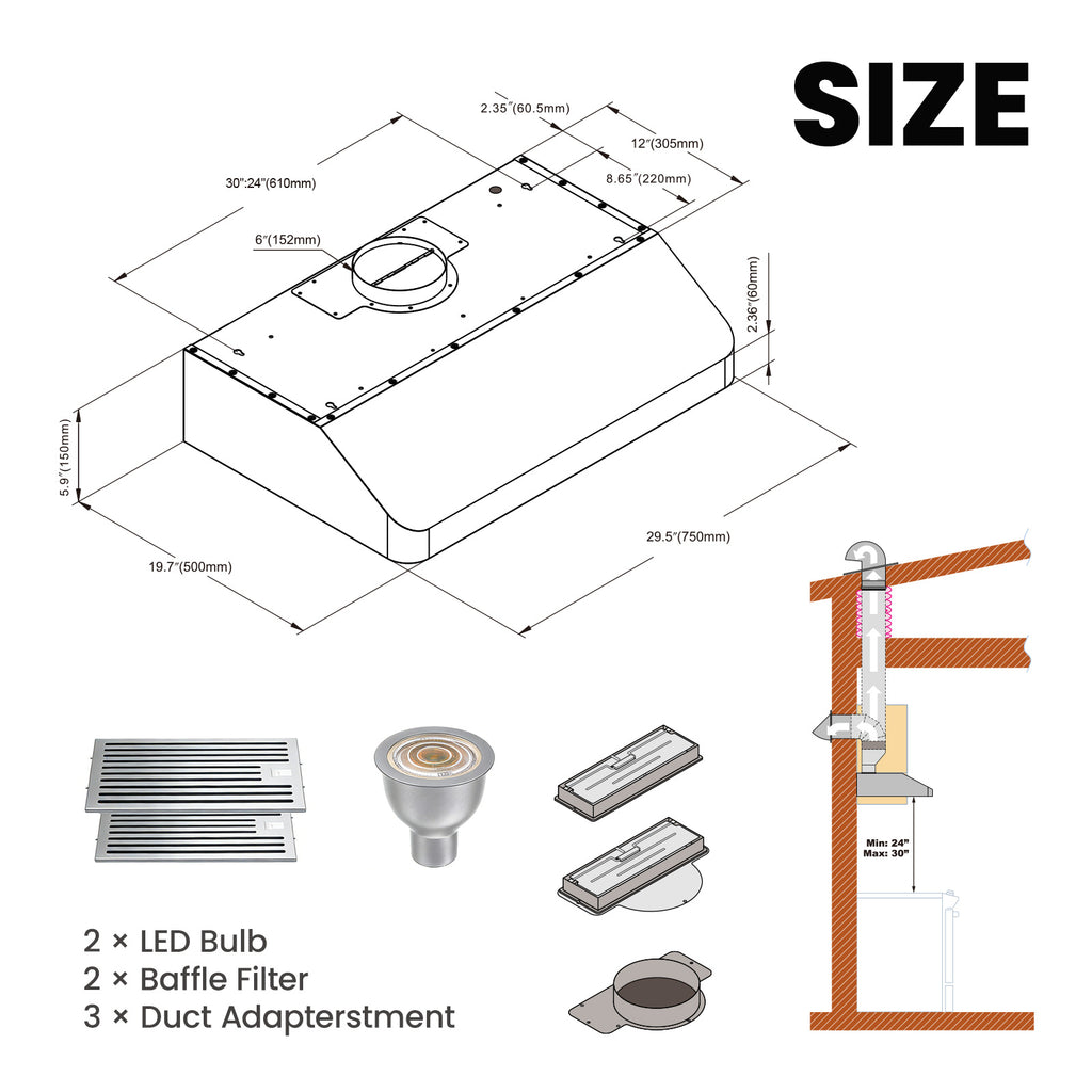 Under Cabinet Range Hood 30 Inch - 1200 CFM Ultra Powerful Suction, Gesture Sensing & 4-Speed Touch Control, Dishwasher Safe Filters, Stainless Steel Kitchen Hood