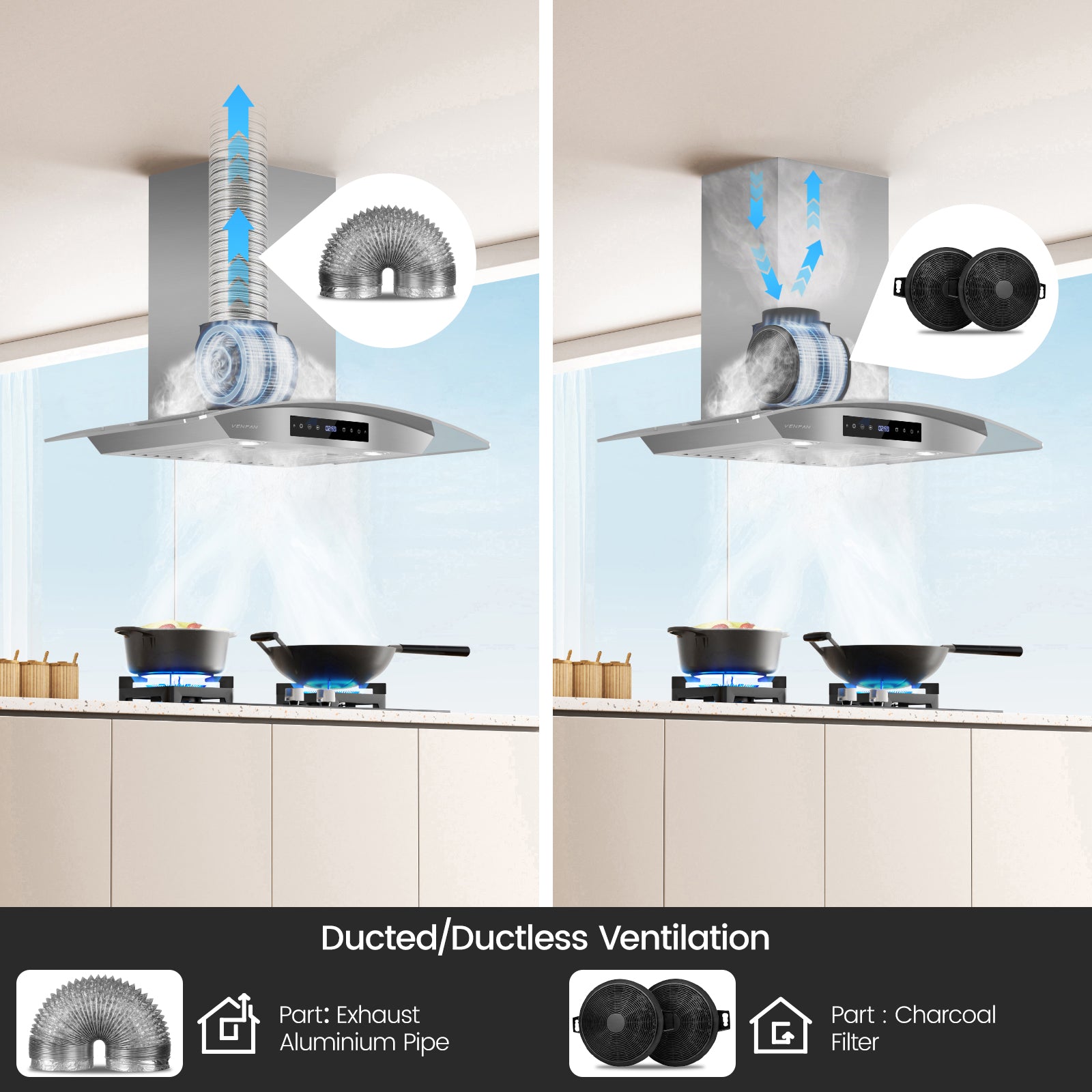 Wall Mount Range Hood 30 inch, 1200 CFM High Suction Kitchen Vent Hood, Energy Saving DC Motor, 8-Speed Fan, Ducted/Ductless Convertible, Memory Function & Delay Shutoff, Tempered Glass