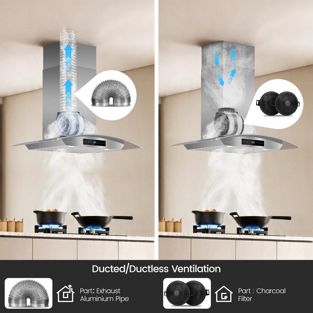 Wall Mount Range Hood 36 Inch, 1200 CFM Quiet DC Motor with 8-Speed, Stainless Steel Glass Vent Hood with Gesture & Touch Control, Adjustable Lighting & Memory Function