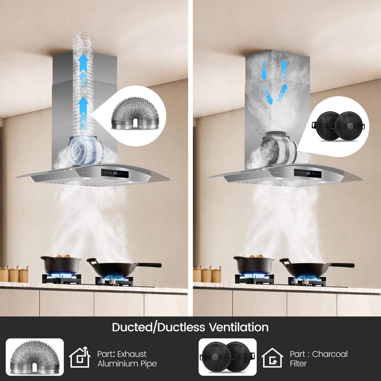 Wall Mount Range Hood 36 Inch, 1200 CFM Quiet DC Motor with 8-Speed, Stainless Steel Glass Vent Hood with Gesture & Touch Control, Adjustable Lighting & Memory Function