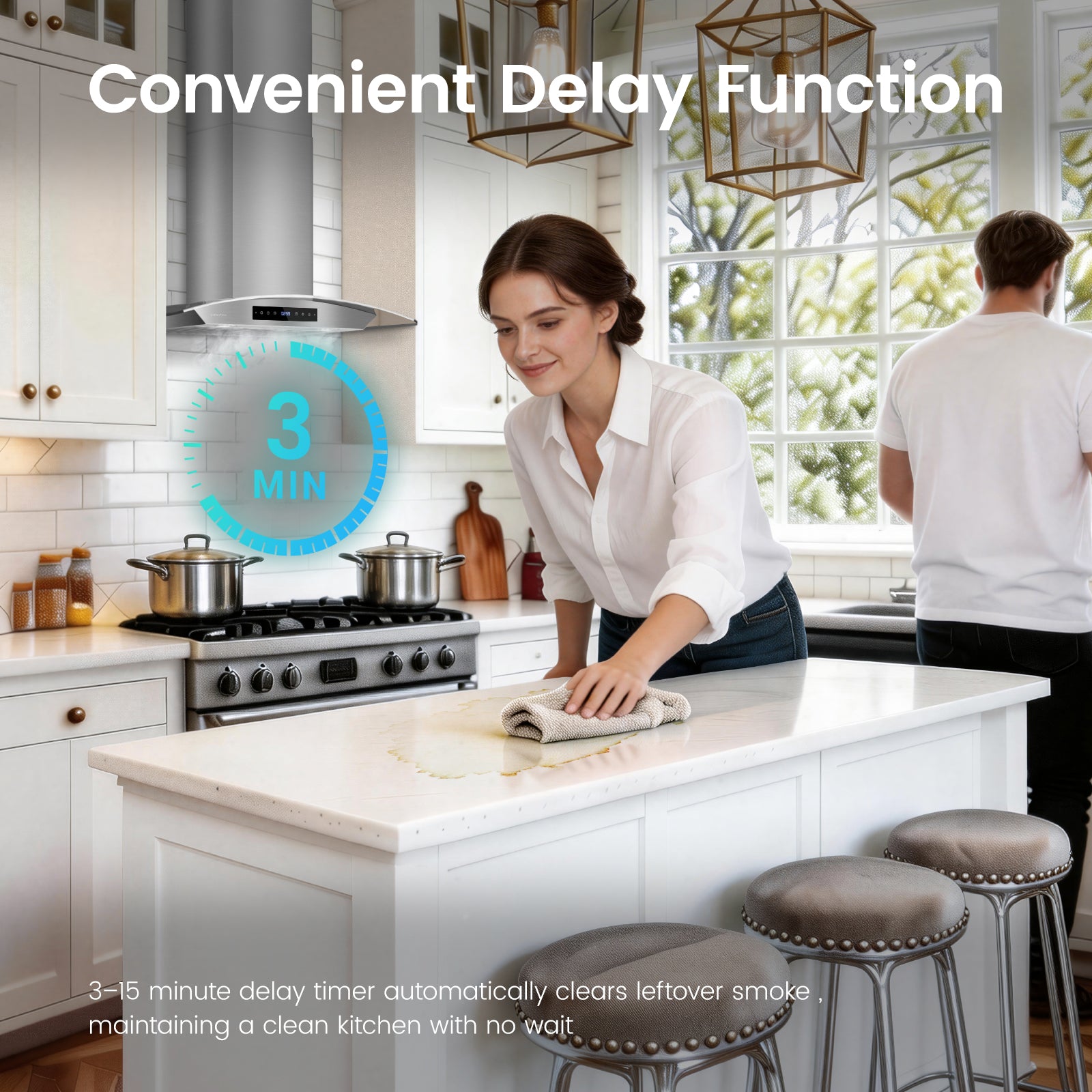 Wall Mount Range Hood 36 Inch, 1200 CFM Quiet DC Motor with 8-Speed, Stainless Steel Glass Vent Hood with Gesture & Touch Control, Adjustable Lighting & Memory Function