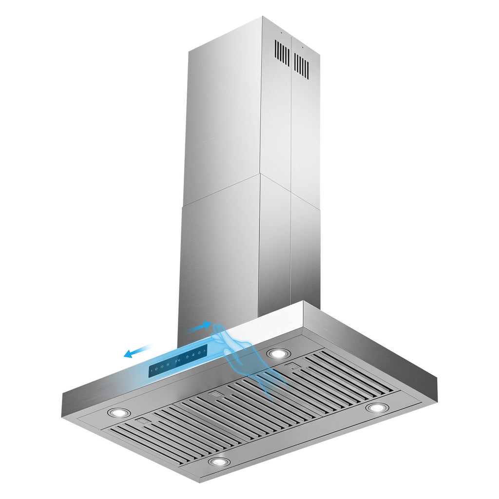 Range-Hood Island 36 Inch 1200 CFM Ceiling-Mount Vent Hood 8-Speed Gesture Sensing Control, Ducted/Ductless Convertible
