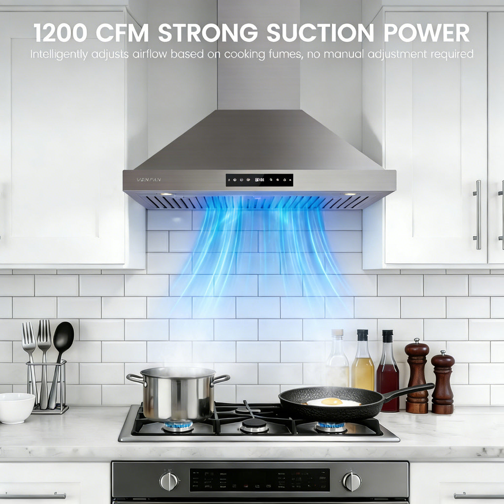 36 Inch Wall Mount Range Hood, 1200 CFM Stainless Steel Kitchen Vent Hood with Gesture Control, 8-Speed Fan, Delay Shut-Off Timer, Ducted/Ductless Convertible, Charcoal Filter Included