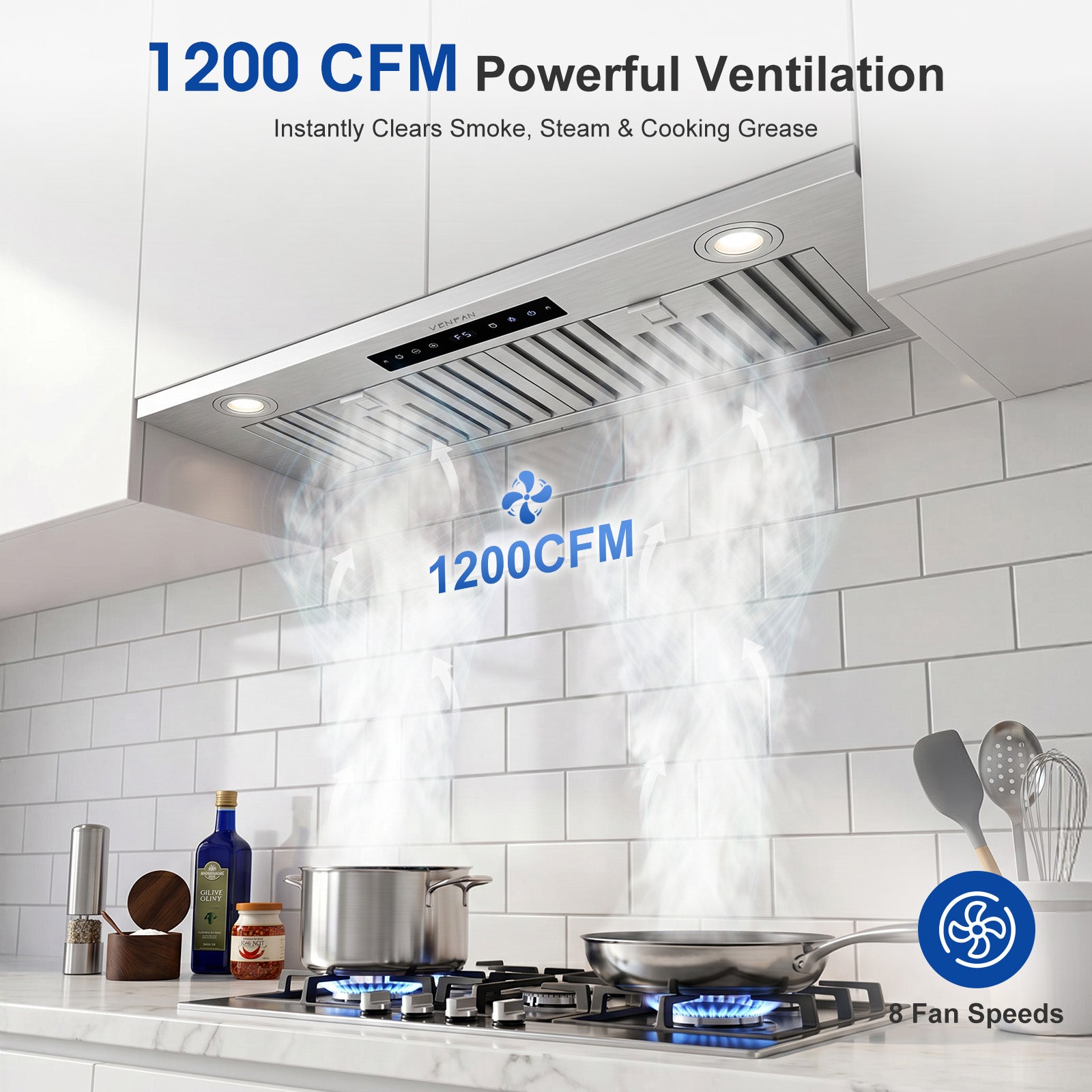 VENFAN 30 Inch Insert Range Hood, 1200 CFM Powerful Suction Under Cabinet Vent Hood, 8-Speed Exhaust Fan with Gesture Sensing & Touch Control, Quiet Brushless Motor, 60dB Quiet Operation, Ducted/Ductless Convertible