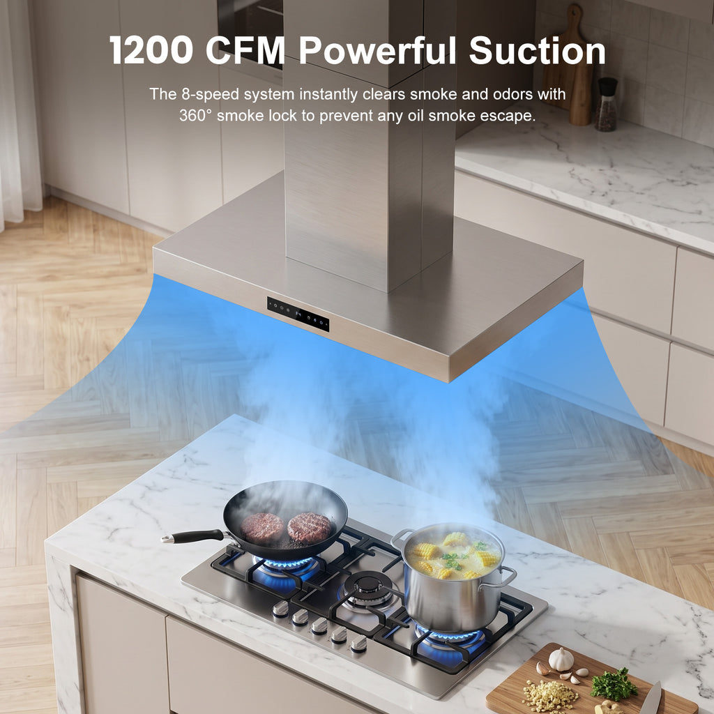 Range-Hood Island 36 Inch 1200 CFM Ceiling-Mount Vent Hood 8-Speed Gesture Sensing Control, Ducted/Ductless Convertible