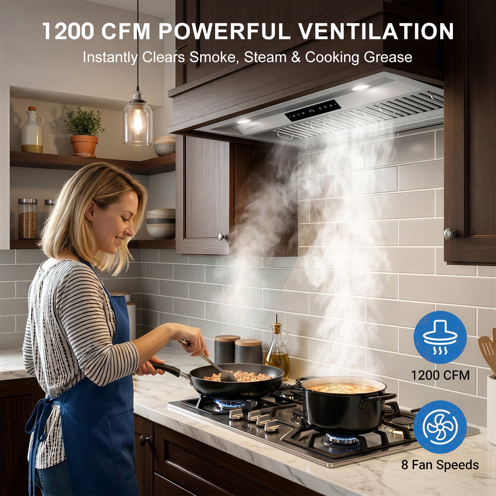 36 Inch Range Hood Insert, 1200 CFM Ultra Quiet Kitchen Vent Hood, Gesture & Touch Control, Ducted/Ductless Convertible, Stainless Steel with Memory Function