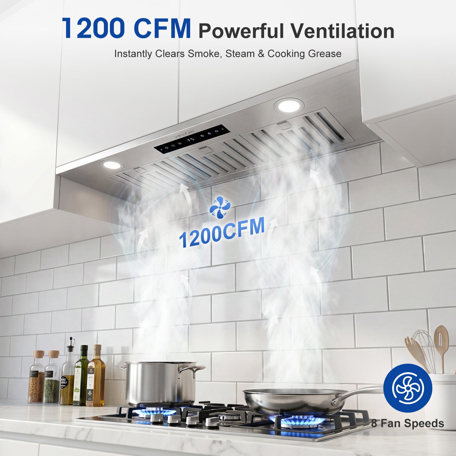 VENFAN 36 Inch Range Hood Insert with 1200 CFM Powerful Suction, 8-Speed DC Motor Built-in Kitchen Vent Hood, Gesture & Touch Control, Under Cabinet Stainless Steel Stove Hood for Heavy Duty Cooking