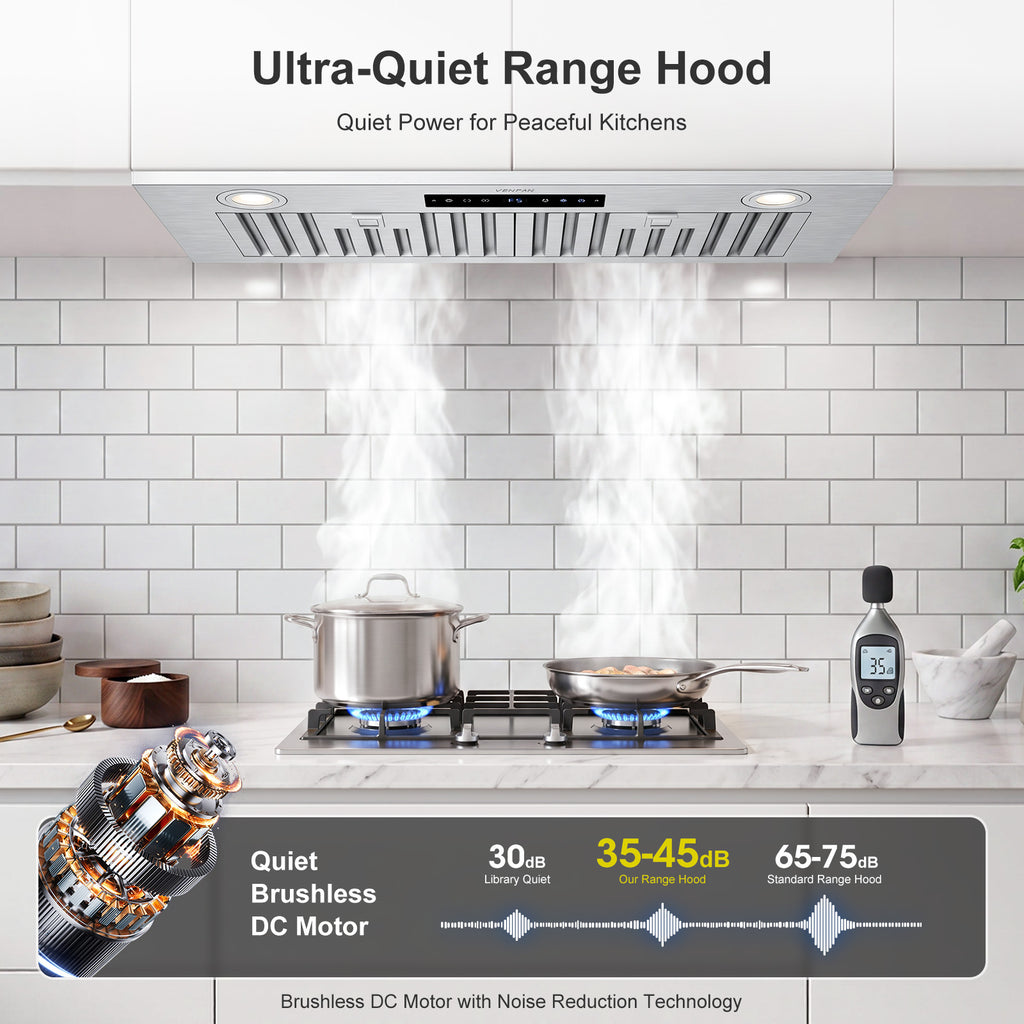 VENFAN 30 Inch Insert Range Hood, 1200 CFM Powerful Suction Under Cabinet Vent Hood, 8-Speed Exhaust Fan with Gesture Sensing & Touch Control, Quiet Brushless Motor, 60dB Quiet Operation, Ducted/Ductless Convertible