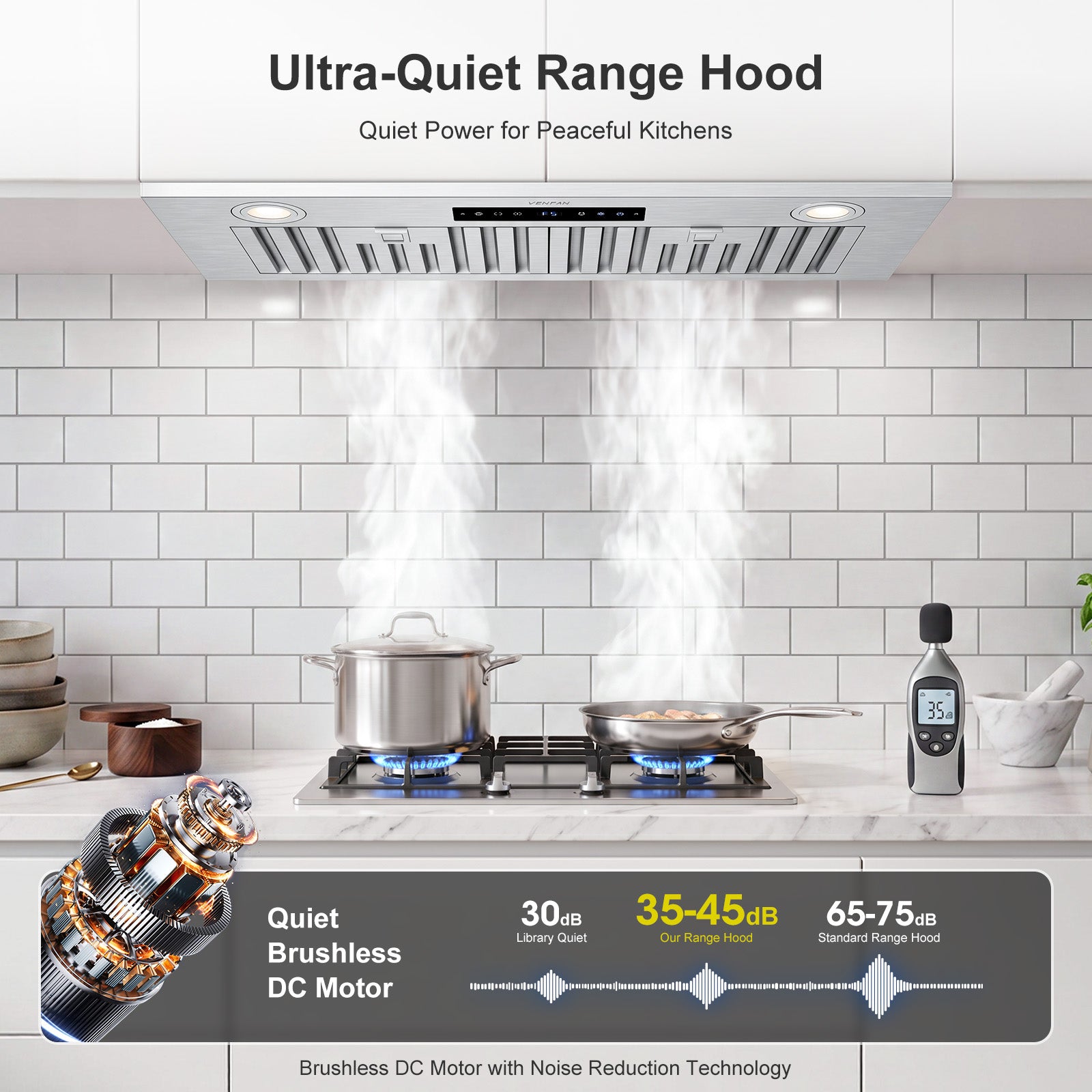 VENFAN 30 Inch Insert Range Hood, 1200 CFM Powerful Suction Under Cabinet Vent Hood, 8-Speed Exhaust Fan with Gesture Sensing & Touch Control, Quiet Brushless Motor, 60dB Quiet Operation, Ducted/Ductless Convertible