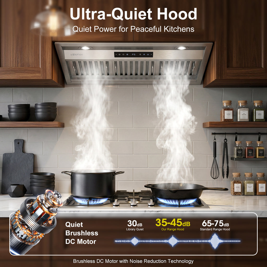 36 Inch Range Hood Insert, 1200 CFM Ultra Quiet Kitchen Vent Hood, Gesture & Touch Control, Ducted/Ductless Convertible, Stainless Steel with Memory Function