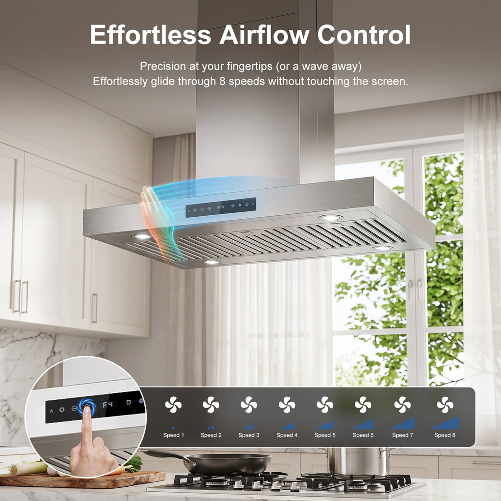 Range-Hood Island 36 Inch 1200 CFM Ceiling-Mount Vent Hood 8-Speed Gesture Sensing Control, Ducted/Ductless Convertible