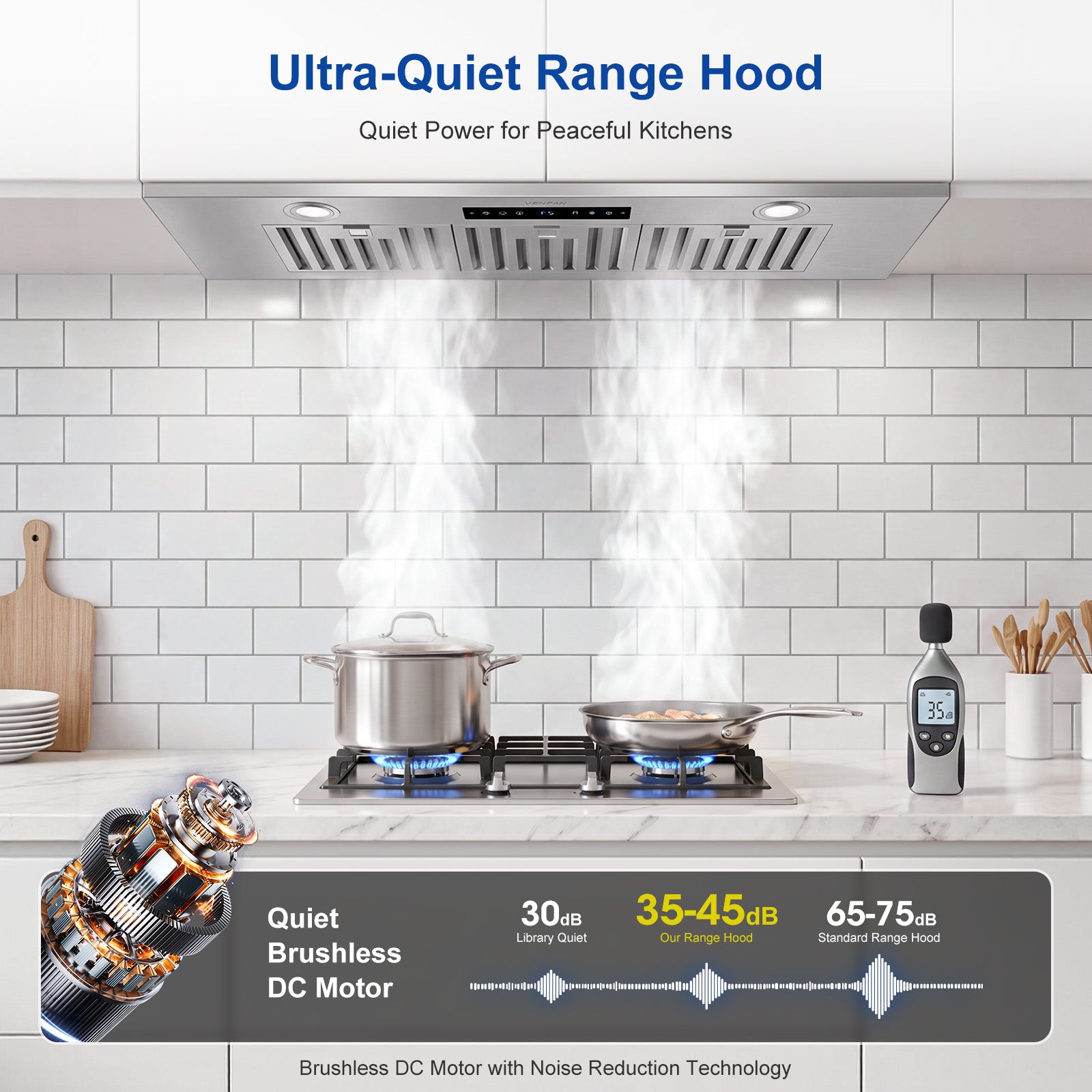 VENFAN 36 Inch Range Hood Insert with 1200 CFM Powerful Suction, 8-Speed DC Motor Built-in Kitchen Vent Hood, Gesture & Touch Control, Under Cabinet Stainless Steel Stove Hood for Heavy Duty Cooking