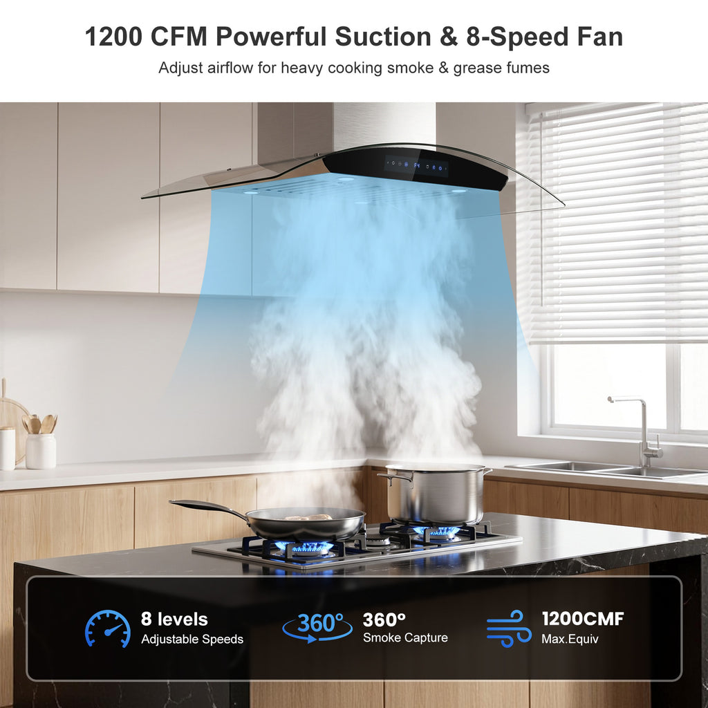 Island Range-Hood 36 Inch 1200 CFM Ceiling Mount Kitchen Stove Vent with 8 Speed DC Motor