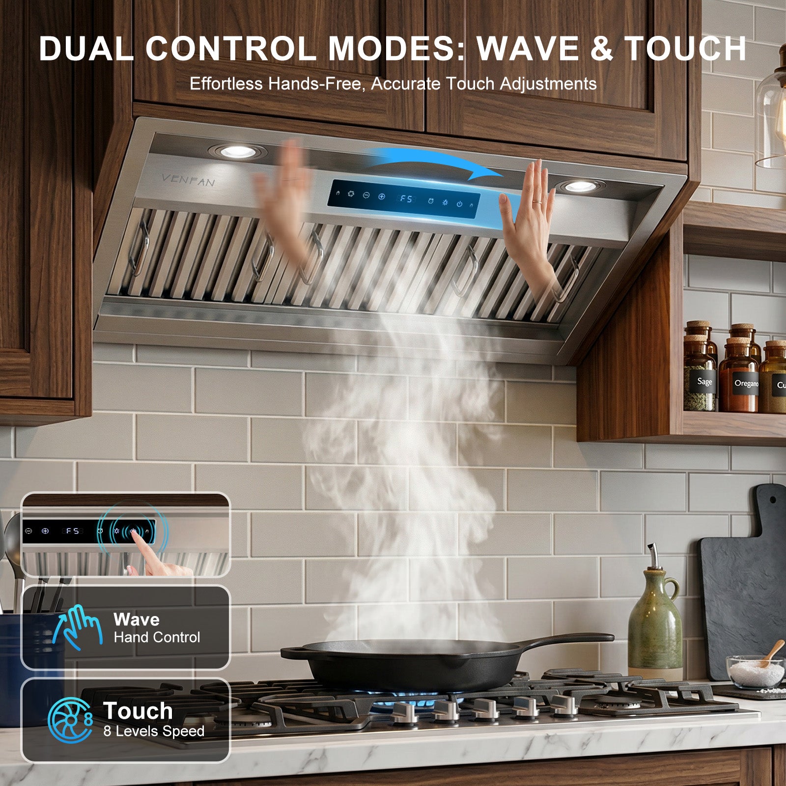 36 Inch Range Hood Insert, 1200 CFM Ultra Quiet Kitchen Vent Hood, Gesture & Touch Control, Ducted/Ductless Convertible, Stainless Steel with Memory Function