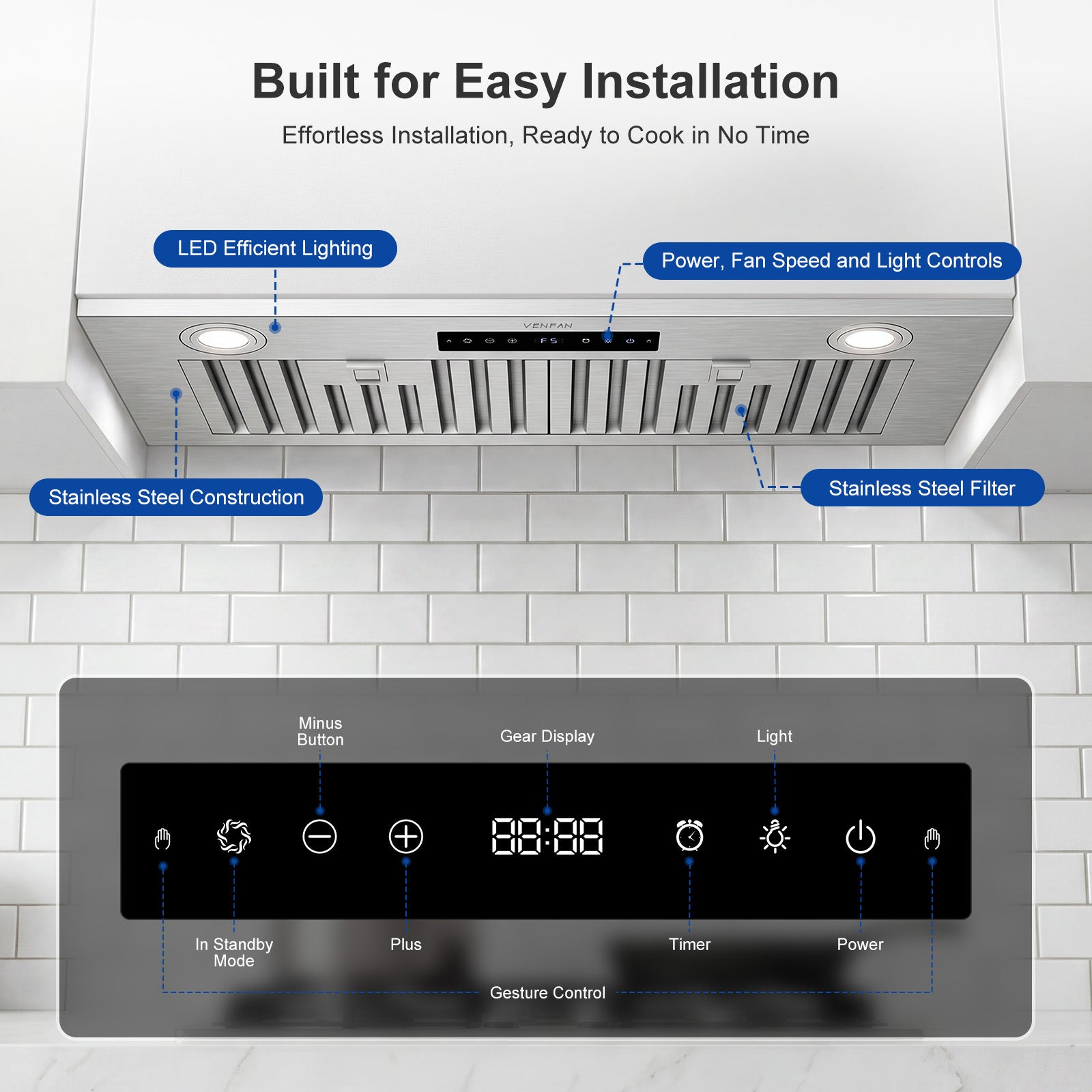 VENFAN 30 Inch Insert Range Hood, 1200 CFM Powerful Suction Under Cabinet Vent Hood, 8-Speed Exhaust Fan with Gesture Sensing & Touch Control, Quiet Brushless Motor, 60dB Quiet Operation, Ducted/Ductless Convertible