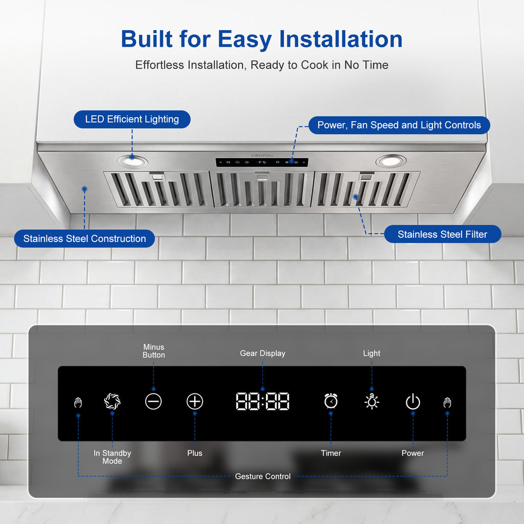 VENFAN 36 Inch Range Hood Insert with 1200 CFM Powerful Suction, 8-Speed DC Motor Built-in Kitchen Vent Hood, Gesture & Touch Control, Under Cabinet Stainless Steel Stove Hood for Heavy Duty Cooking