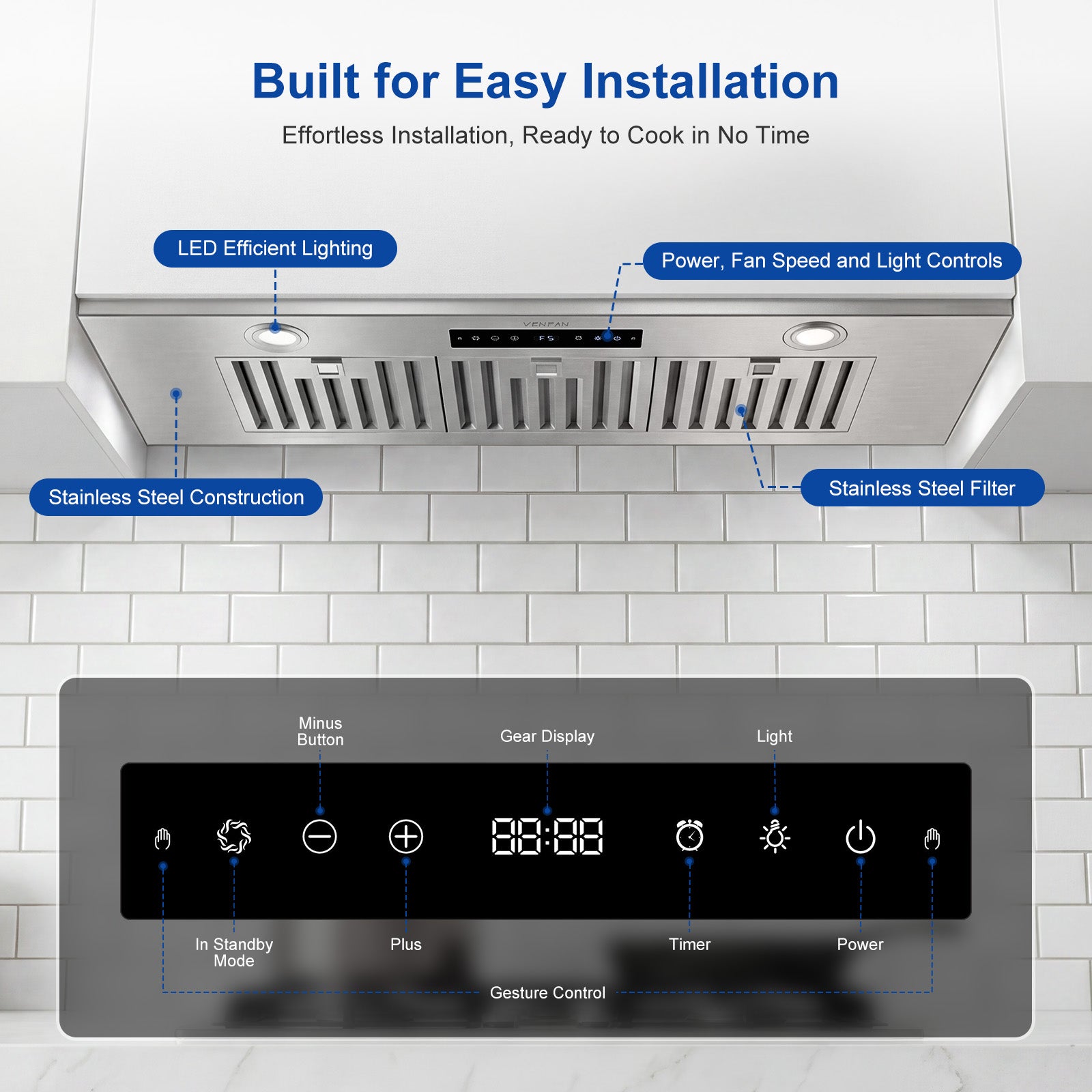 VENFAN 36 Inch Range Hood Insert with 1200 CFM Powerful Suction, 8-Speed DC Motor Built-in Kitchen Vent Hood, Gesture & Touch Control, Under Cabinet Stainless Steel Stove Hood for Heavy Duty Cooking