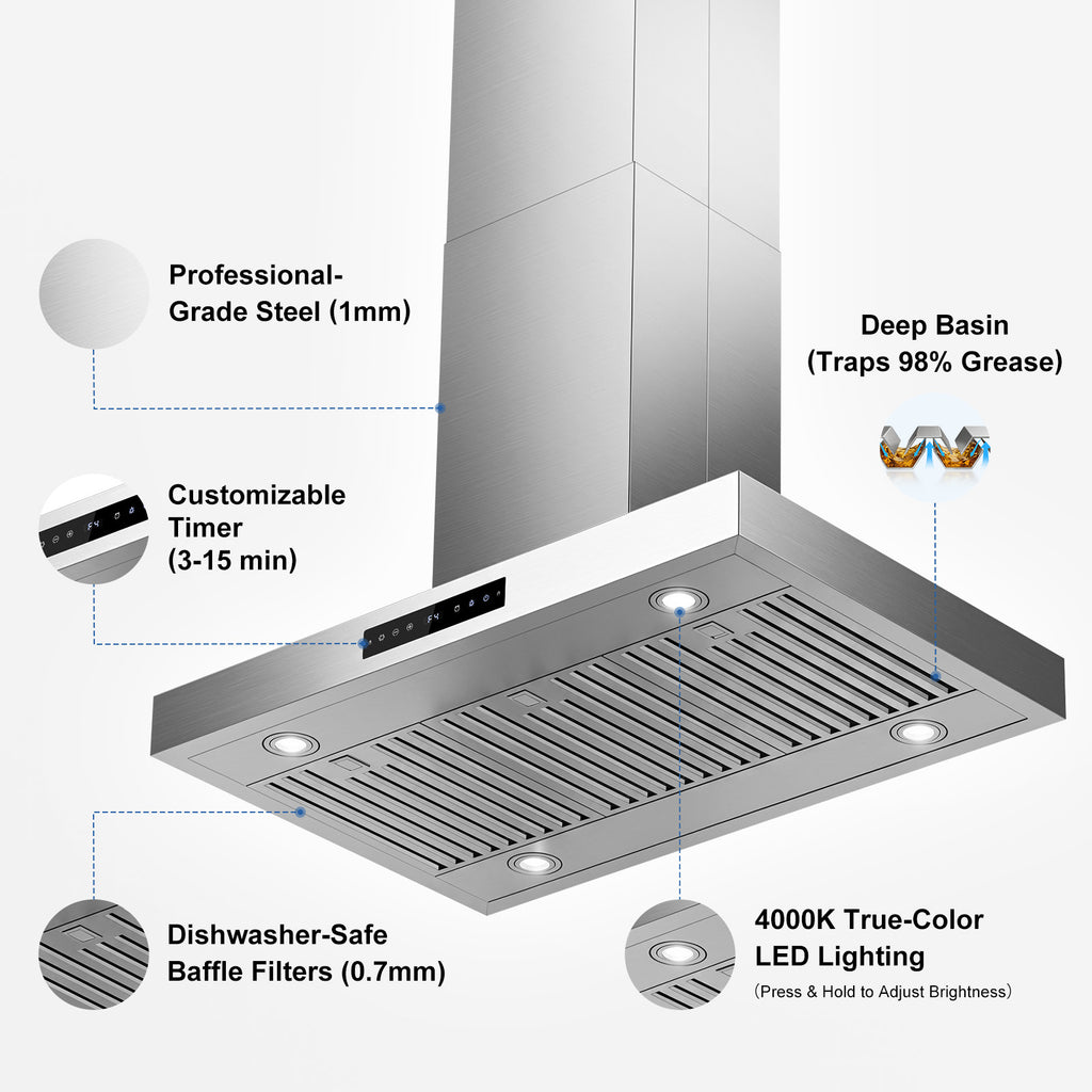 Range-Hood Island 36 Inch 1200 CFM Ceiling-Mount Vent Hood 8-Speed Gesture Sensing Control, Ducted/Ductless Convertible