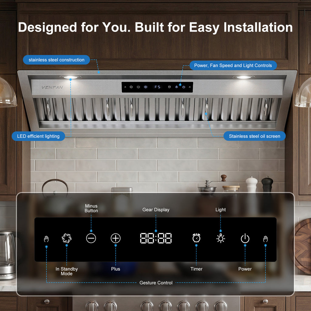 36 Inch Range Hood Insert, 1200 CFM Ultra Quiet Kitchen Vent Hood, Gesture & Touch Control, Ducted/Ductless Convertible, Stainless Steel with Memory Function