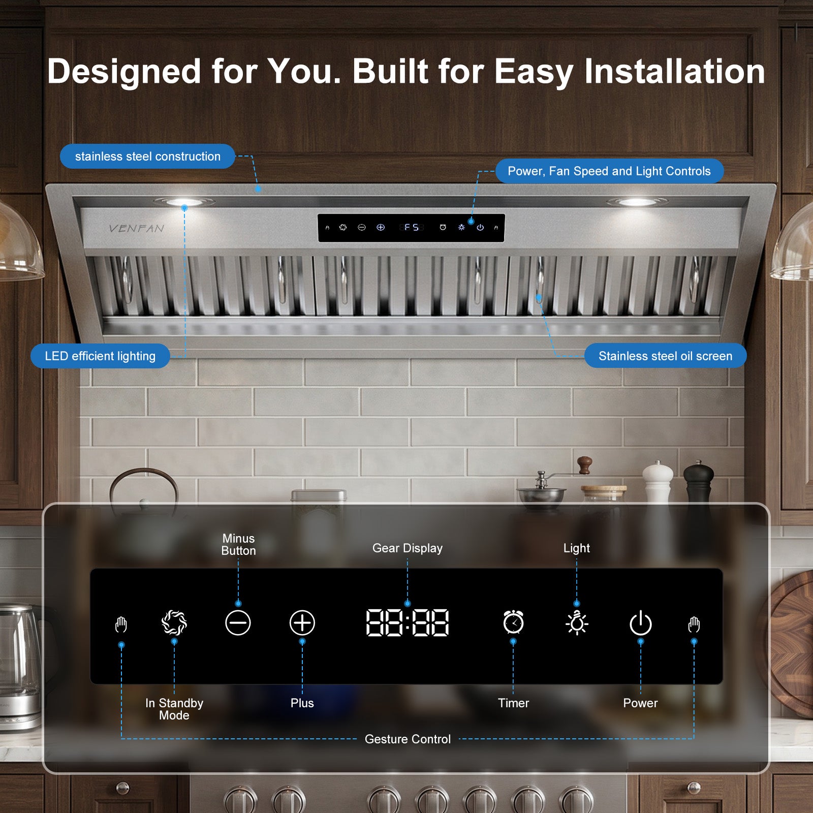 36 Inch Range Hood Insert, 1200 CFM Ultra Quiet Kitchen Vent Hood, Gesture & Touch Control, Ducted/Ductless Convertible, Stainless Steel with Memory Function