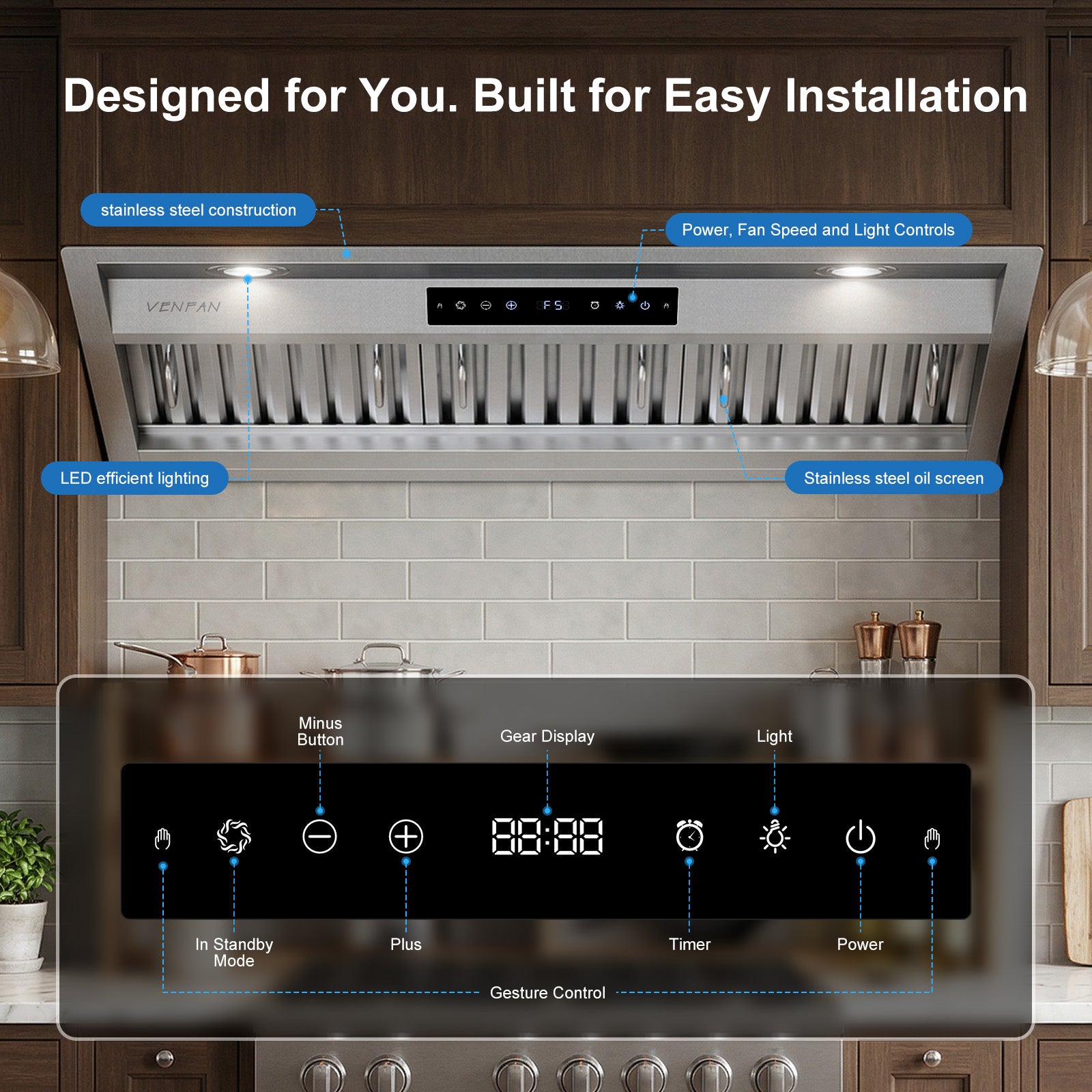 30 Inch Range Hood Insert, 1200 CFM Ultra Quiet DC Motor, Gesture & Touch Control, Ducted/Ductless Convertible, Stainless Steel Built-in Kitchen Vent Hood