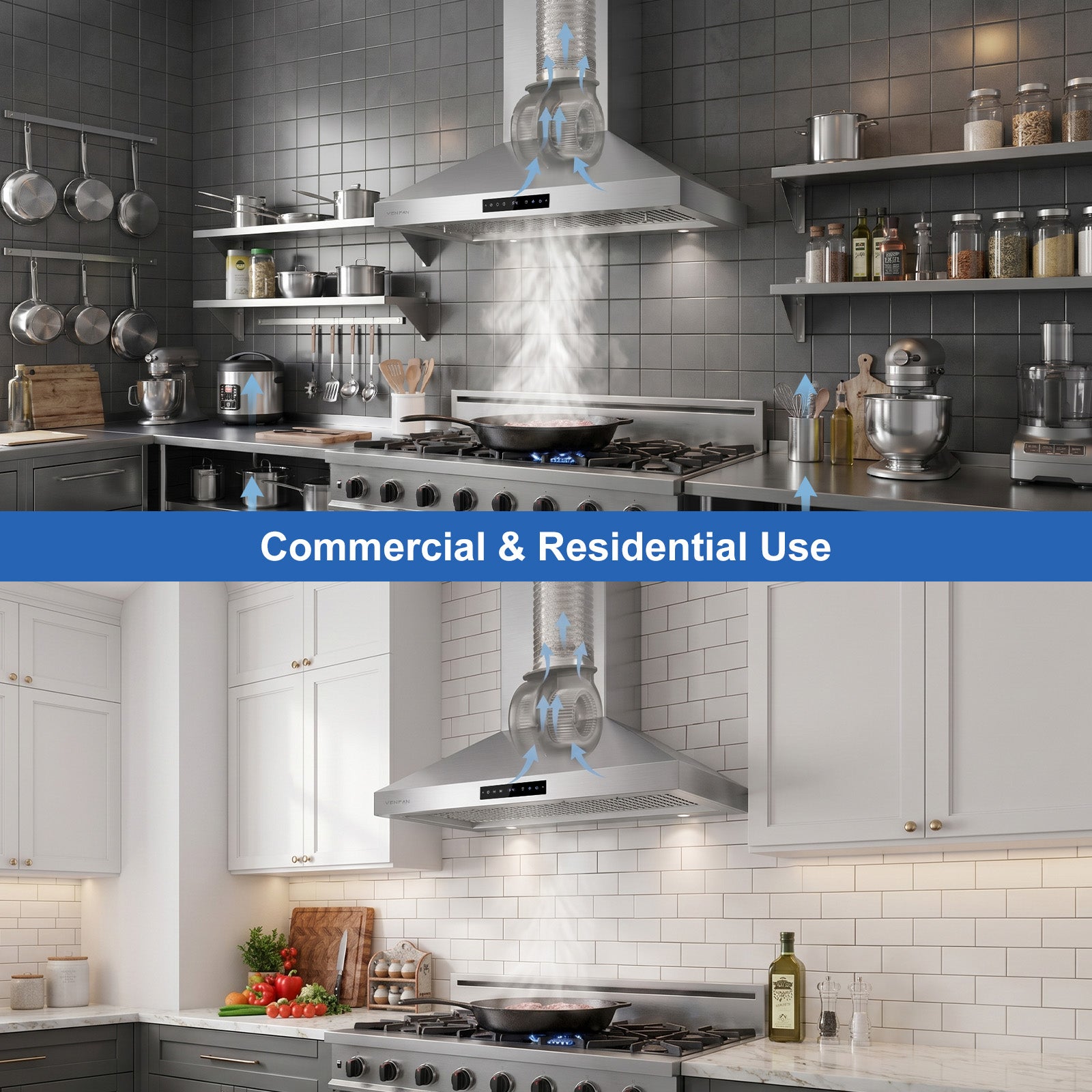 1500 CFM Wall Mounted Range Hood, 48 inch Commercial Stainless Steel Kitchen Hood for Home Kitchen & Restaurant, Gesture Control & Memory Mode, 4-Speed High CFM Fan, ETL Listed, 5-Year Warranty