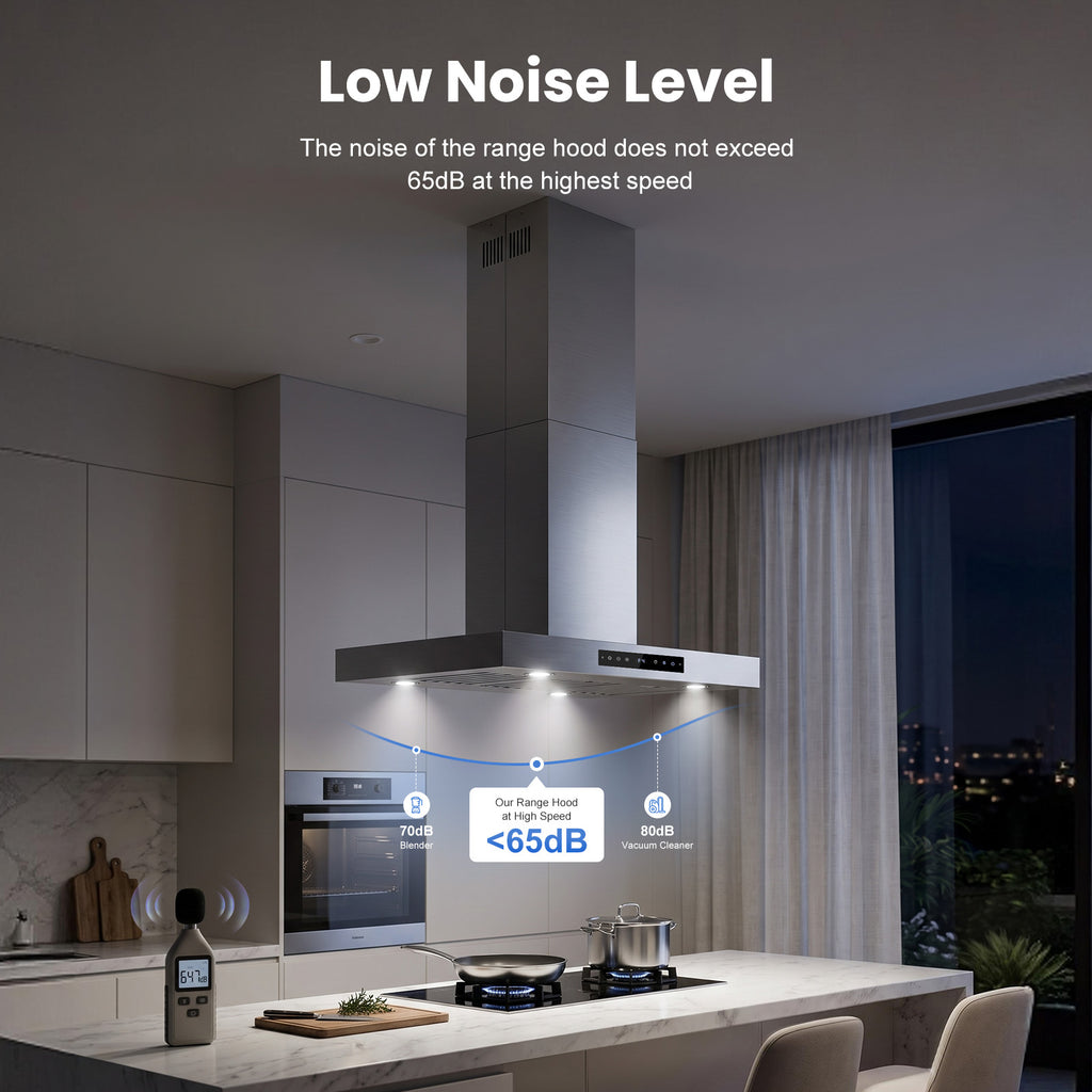 Range-Hood Island 36 Inch 1200 CFM Ceiling-Mount Vent Hood 8-Speed Gesture Sensing Control, Ducted/Ductless Convertible