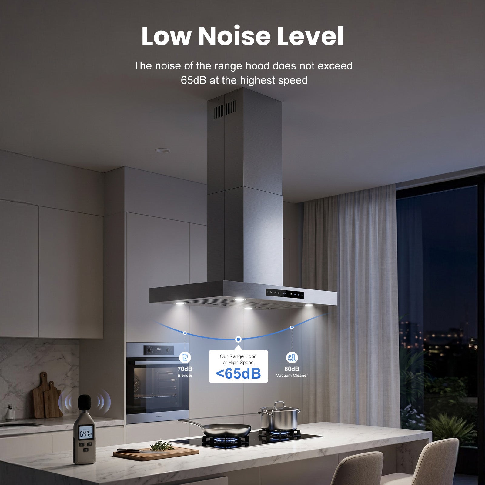 Range-Hood Island 36 Inch 1200 CFM Ceiling-Mount Vent Hood 8-Speed Gesture Sensing Control, Ducted/Ductless Convertible