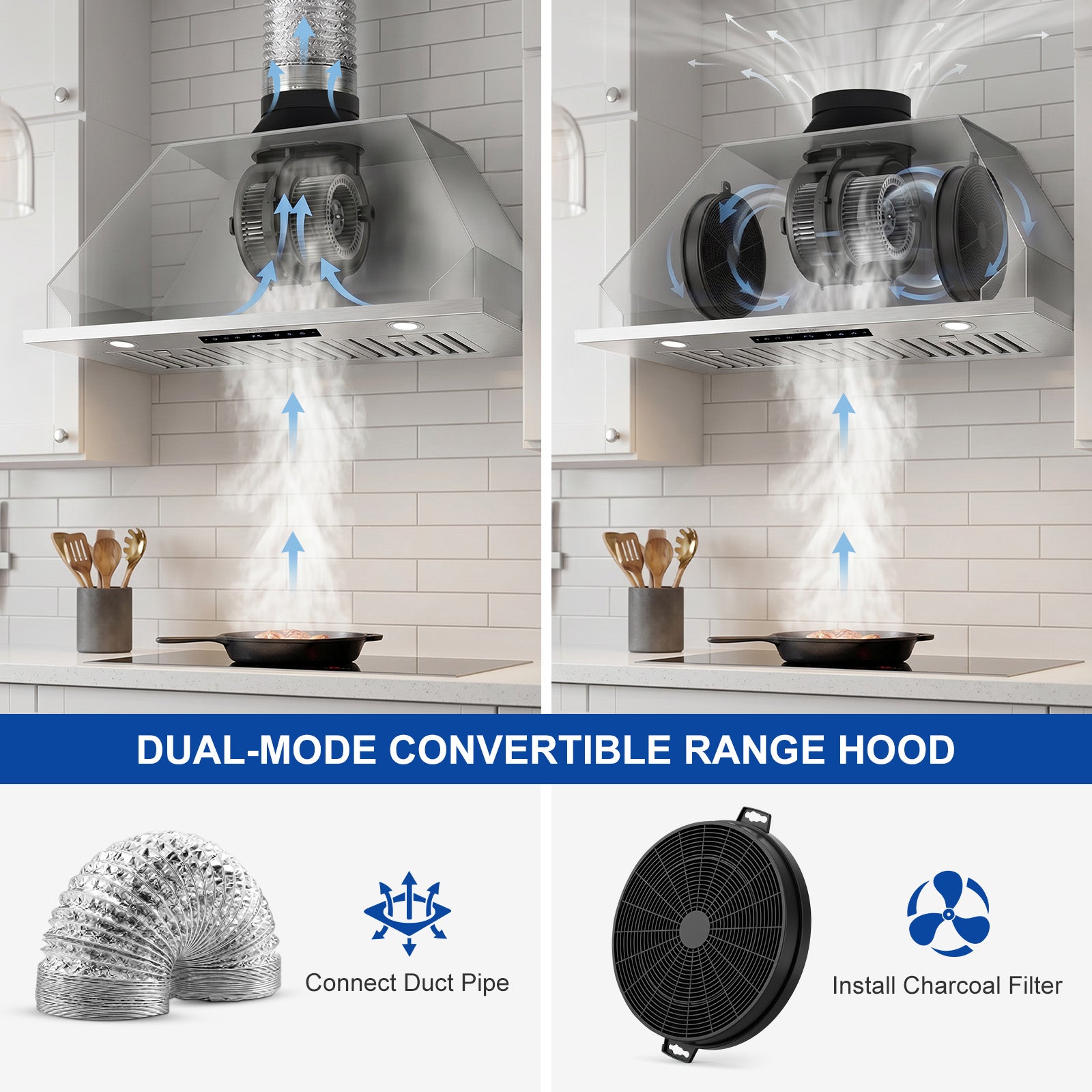 VENFAN 30 Inch Insert Range Hood, 1200 CFM Powerful Suction Under Cabinet Vent Hood, 8-Speed Exhaust Fan with Gesture Sensing & Touch Control, Quiet Brushless Motor, 60dB Quiet Operation, Ducted/Ductless Convertible