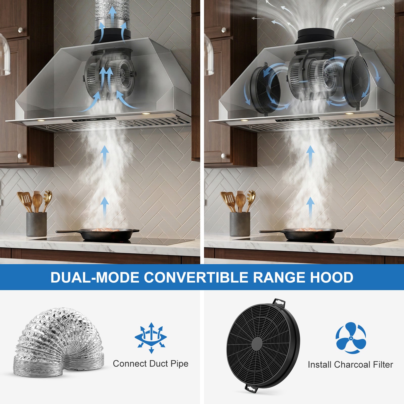 36 Inch Range Hood Insert, 1200 CFM Ultra Quiet Kitchen Vent Hood, Gesture & Touch Control, Ducted/Ductless Convertible, Stainless Steel with Memory Function