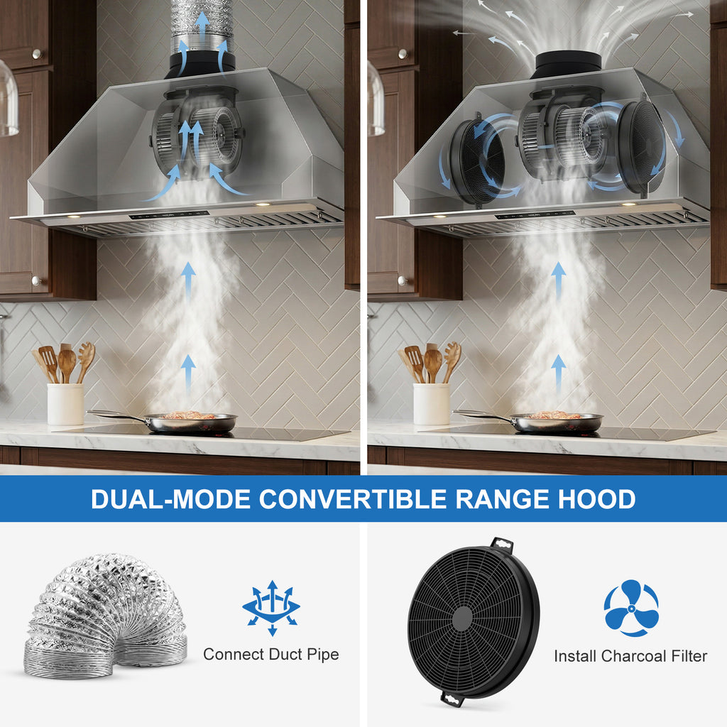 30 Inch Range Hood Insert, 1200 CFM Ultra Quiet DC Motor, Gesture & Touch Control, Ducted/Ductless Convertible, Stainless Steel Built-in Kitchen Vent Hood