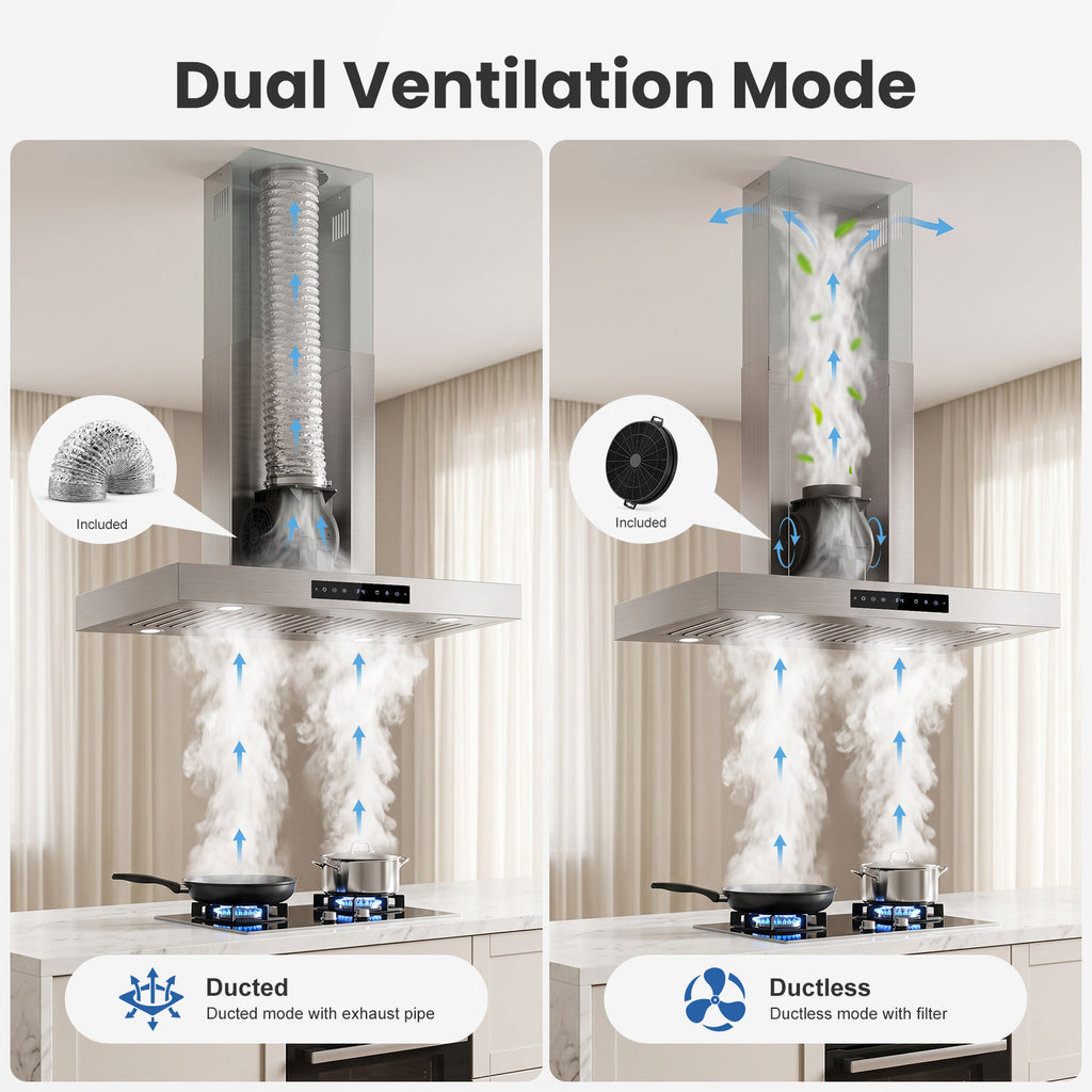 Range-Hood Island 36 Inch 1200 CFM Ceiling-Mount Vent Hood 8-Speed Gesture Sensing Control, Ducted/Ductless Convertible