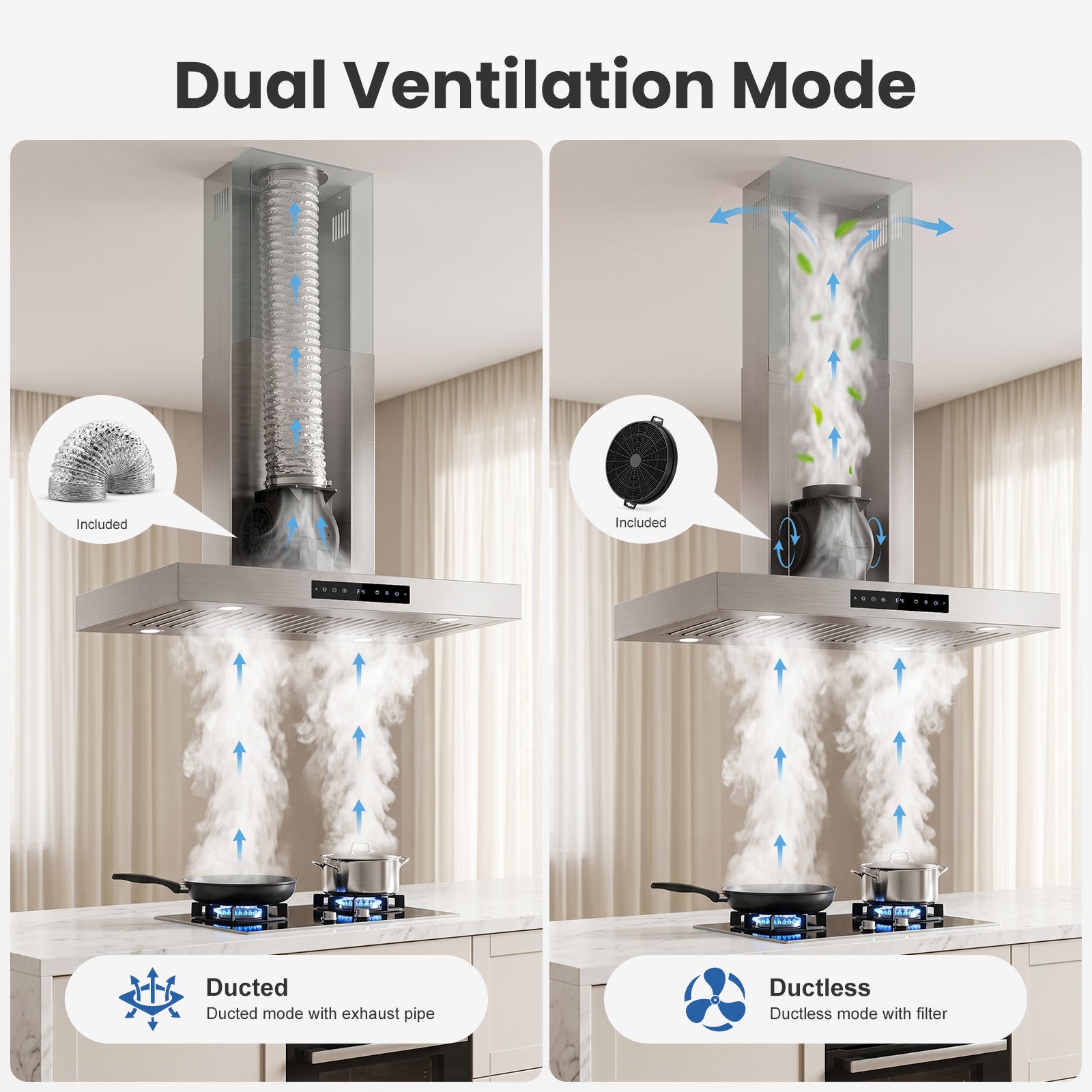 Range-Hood Island 36 Inch 1200 CFM Ceiling-Mount Vent Hood 8-Speed Gesture Sensing Control, Ducted/Ductless Convertible